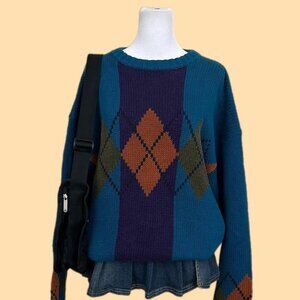 blue argyle geometric vintage 90s chunky knit sweater quirky indie grandpa